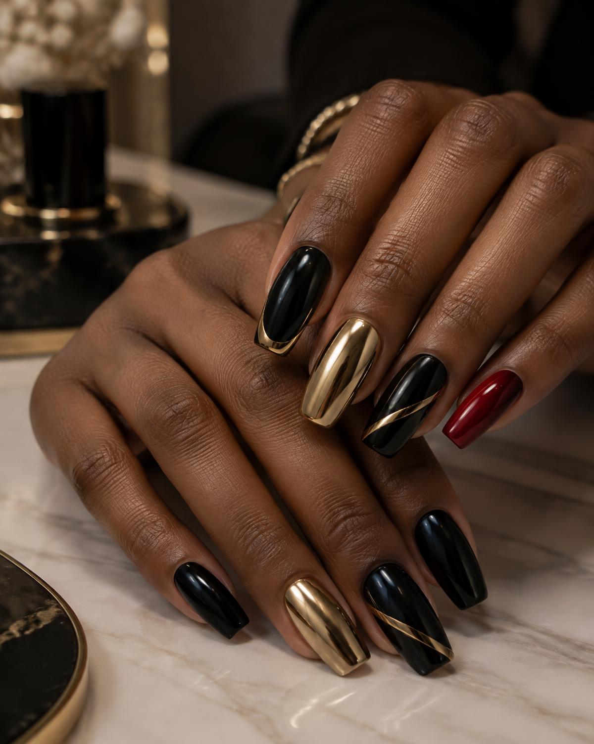 Editorial example of black, gold and red acrylic nails